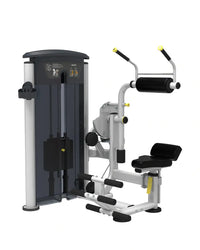 Silver and black abdominal back extension machine with yellow accents from perform series compact design for core workouts