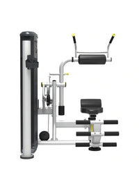 Silver and black adjustable back extension machine with yellow accents from perform series featuring compact design