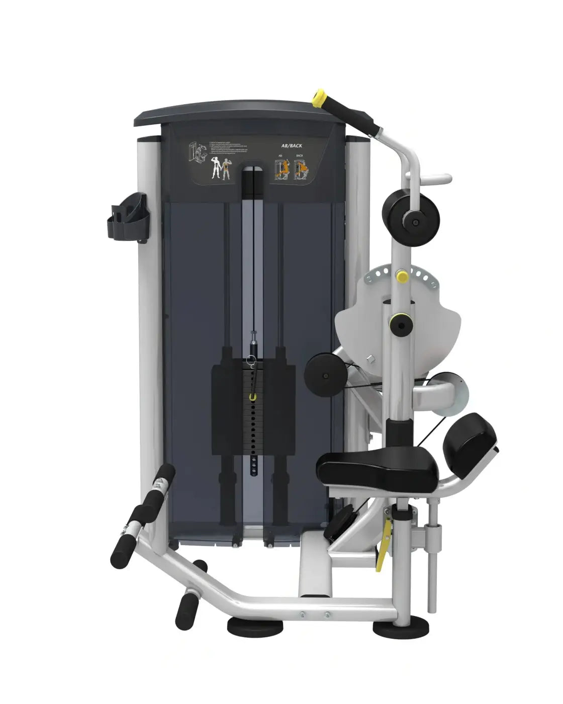 Silver and black perform series abdominal back extension cable machine with adjustable weights and padded seat compact design