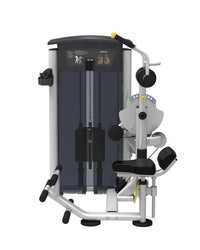 Silver and black perform series abdominal back extension cable machine with adjustable weights and padded seat compact design