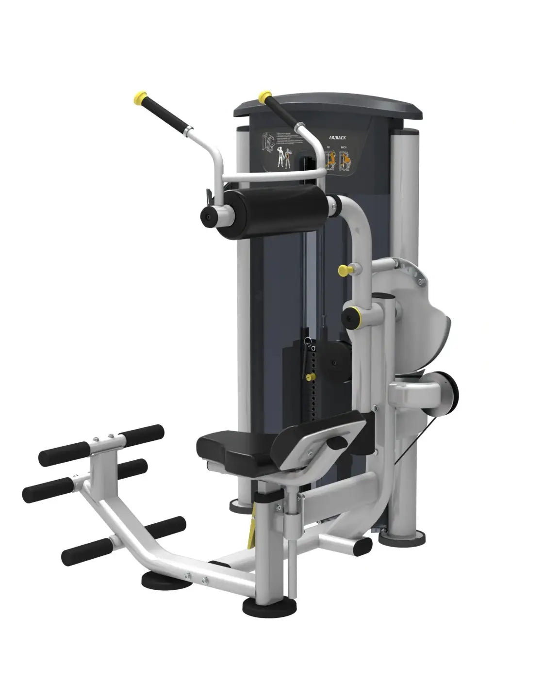 Perform Series abdominal back extension gym machine in silver and black with yellow accents featuring adjustable handles and padded seat