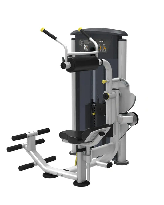 Perform Series abdominal back extension gym machine in silver and black with yellow accents featuring adjustable handles and padded seat