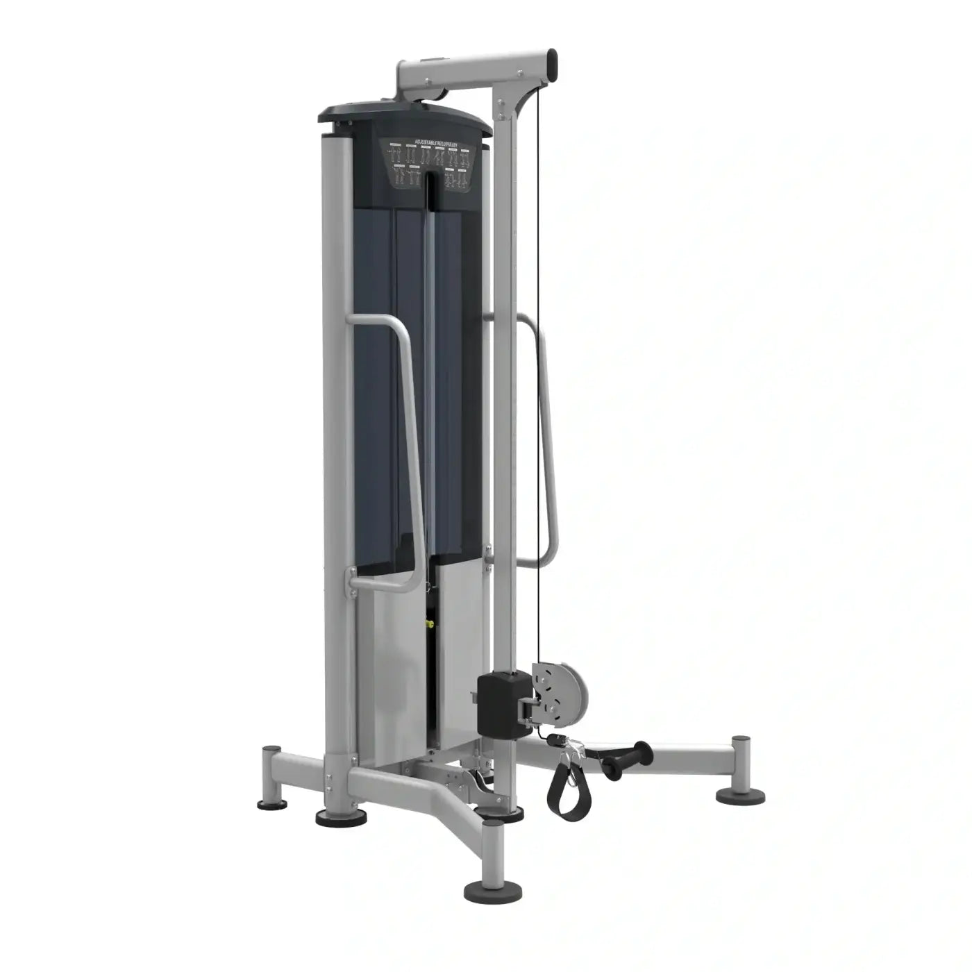 Silver and black perform series adjustable hi lo pulley cable machine with metal frame and ergonomic handles