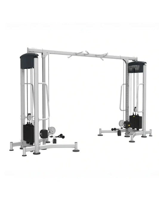 Perform series silver and black cable crossover machine with adjustable weight stacks and pulleys for home gyms