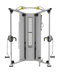 Silver and black perform series dual adjustable pulley cable crossover machine with yellow top bar accents for home workout
