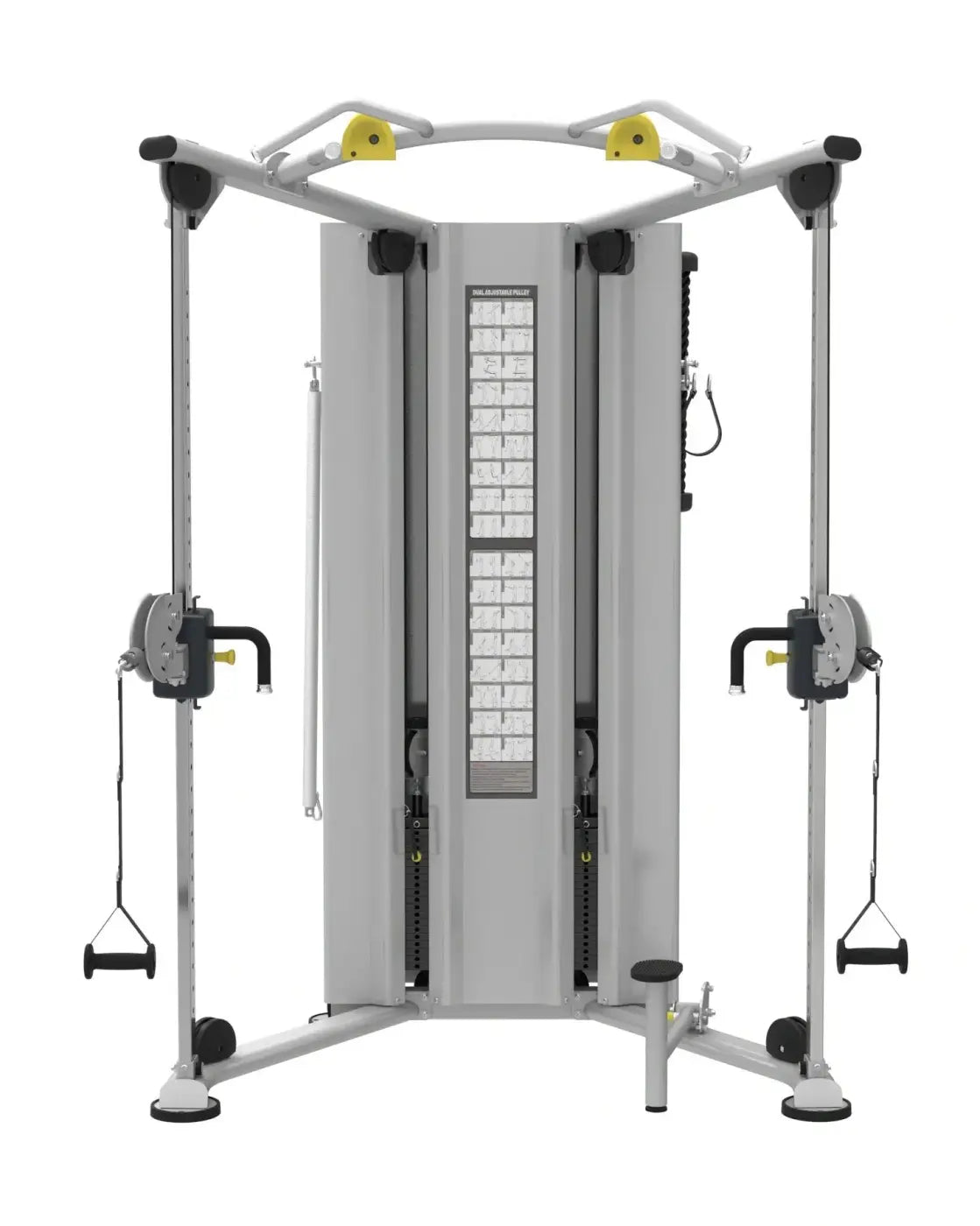 Silver and black perform series dual adjustable pulley cable crossover machine with yellow top bar accents for home workout