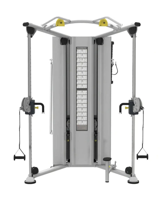 Silver and black perform series dual adjustable pulley cable crossover machine with yellow top bar accents for home workout