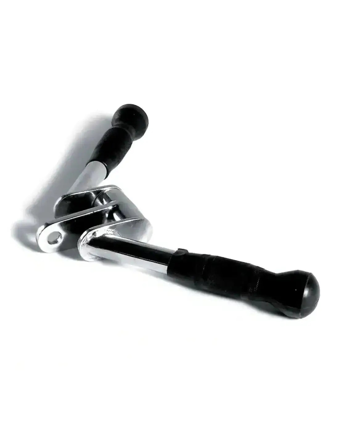 Pivoting tricep pressdown bar with black and chrome metal handles and rubberized grips for uk delivery
