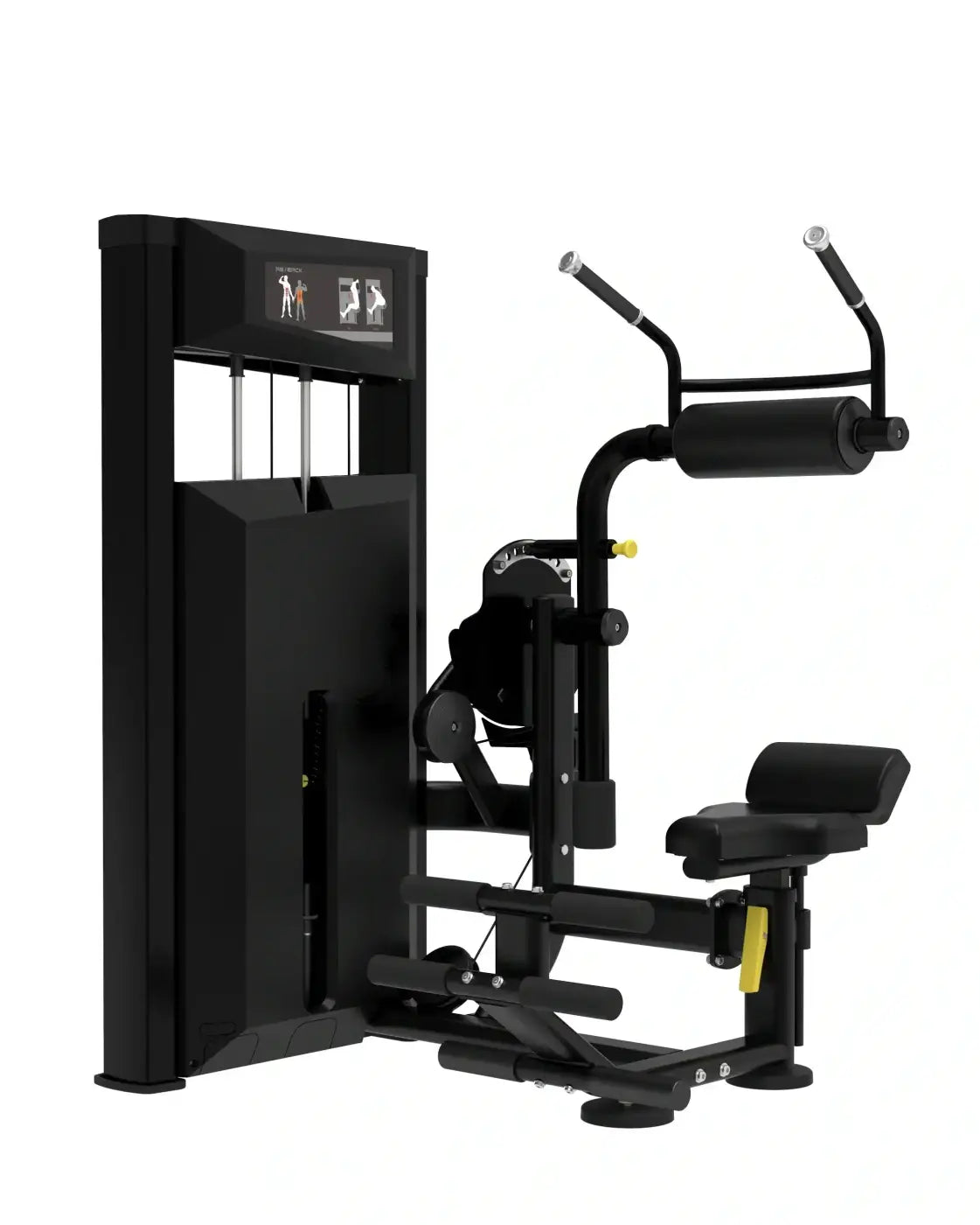 Black abdominal and back extension exercise machine with yellow accents and digital display from Platinum Series compact design