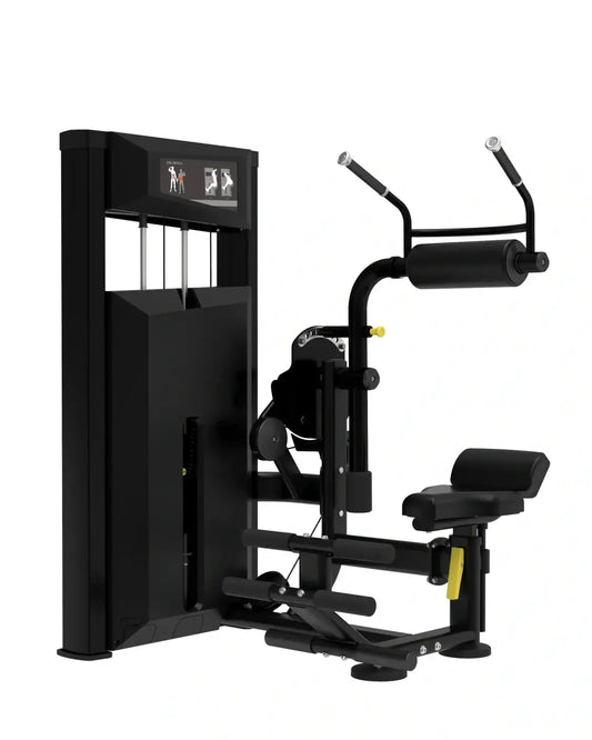 Black abdominal and back extension exercise machine with yellow accents and digital display from Platinum Series compact design