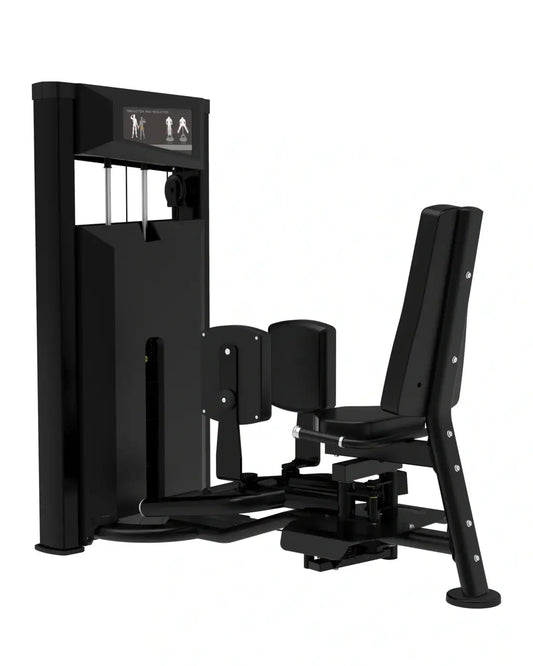 Black metal and plastic Platinum Series abductor adductor gym machine with adjustable seat padded backrest and digital display
