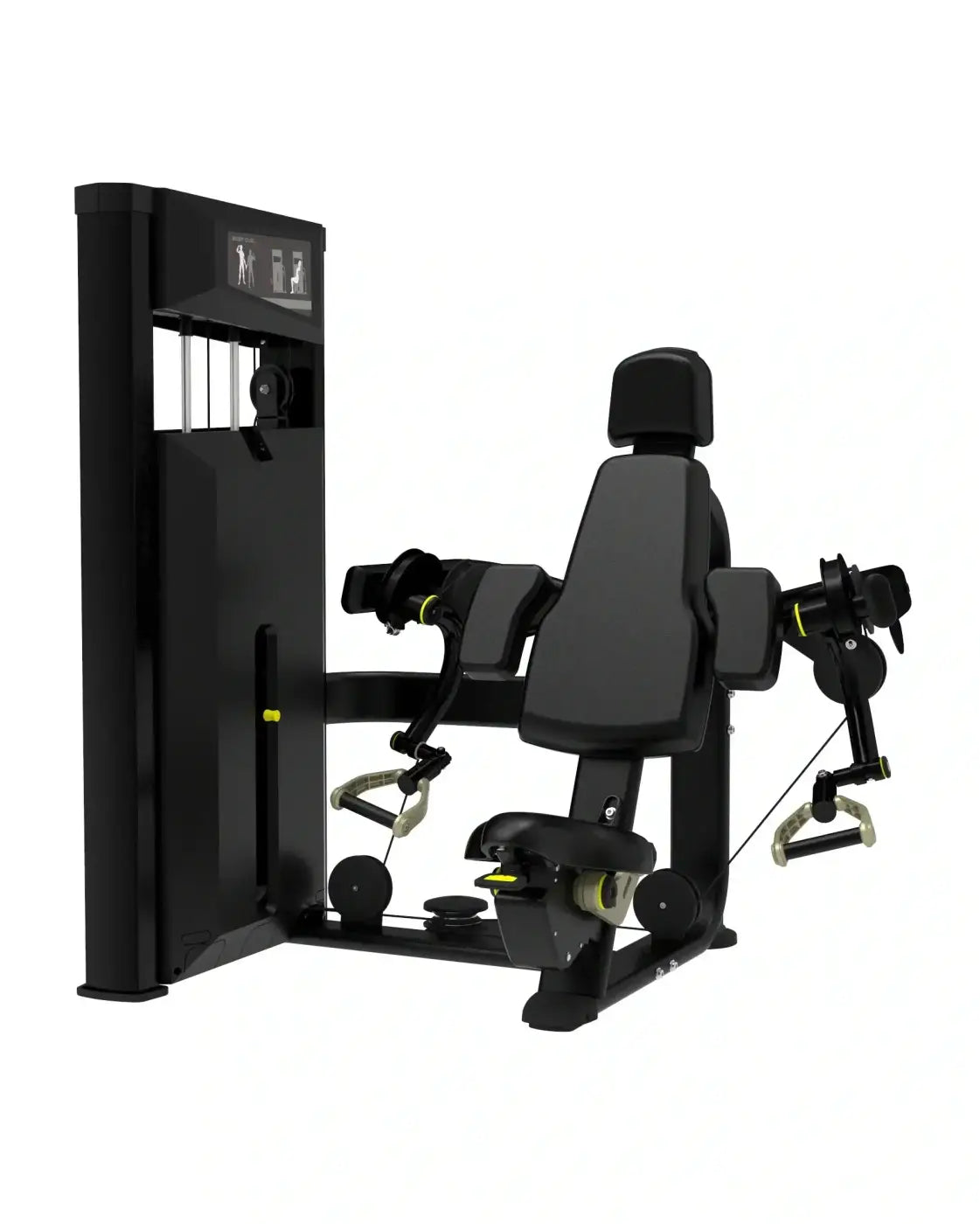Platinum series black and lime green adjustable seated arm curl machine with padded seat and backrest for home training