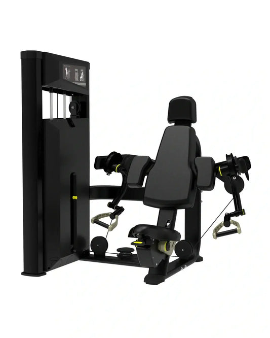 Platinum series black and lime green adjustable seated arm curl machine with padded seat and backrest for home training
