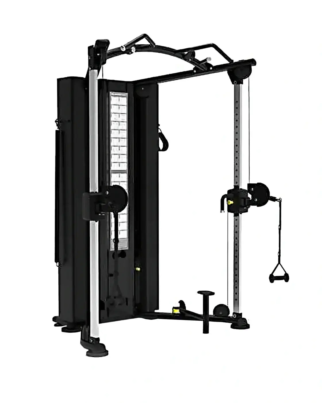 Black and silver platinum series dual adjustable pulley cable crossover machine with adjustable weight stacks and compact design