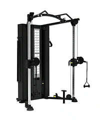 Black and silver platinum series dual adjustable pulley cable crossover machine with adjustable weight stacks and compact design
