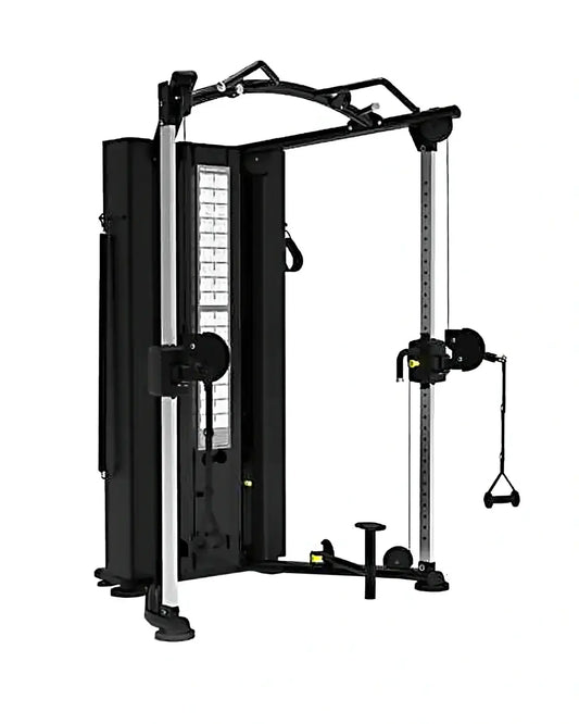 Black and silver platinum series dual adjustable pulley cable crossover machine with adjustable weight stacks and compact design
