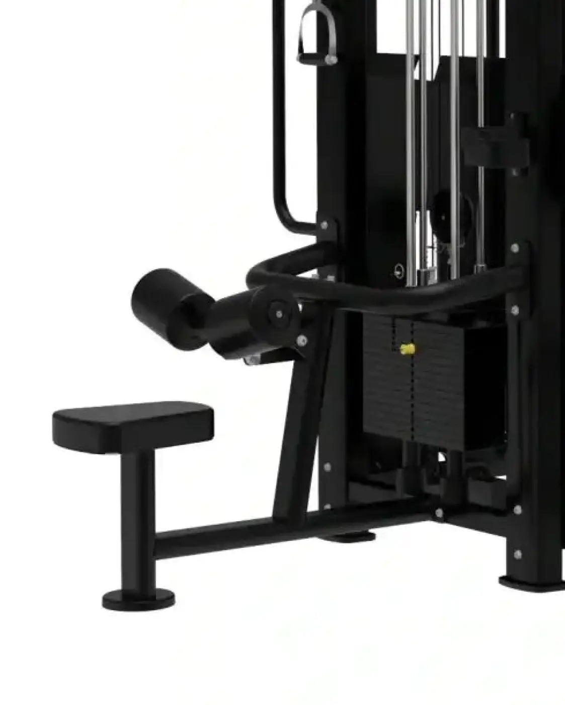 Black metal cable machine with padded handle and adjustable seat from Platinum Series jungle multi gym with compact design