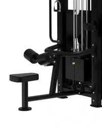 Black metal cable machine with padded handle and adjustable seat from Platinum Series jungle multi gym with compact design
