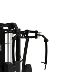Black metal cable machine with yellow accent pins and adjustable handles in platinum series jungle multi gym compact design