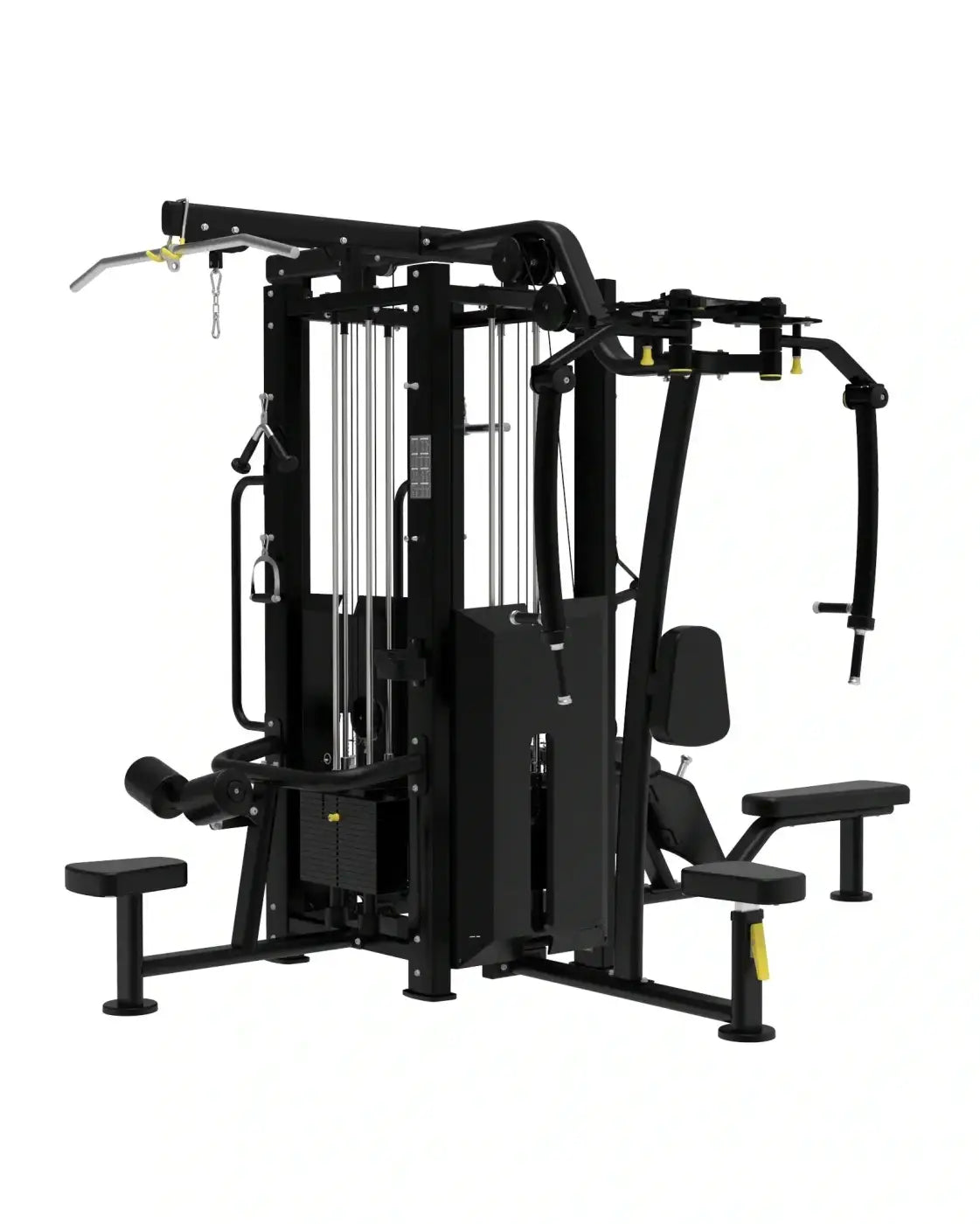 Black platinum series jungle multi gym weight training machine with chrome cables yellow accents and compact design