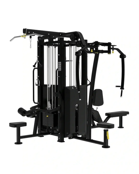 Black platinum series jungle multi gym weight training machine with chrome cables yellow accents and compact design