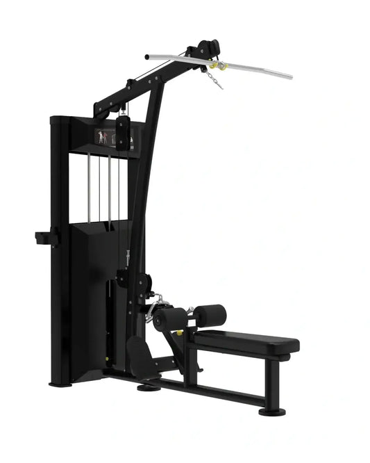 Black metal platinum series lat pulldown low row machine with padded bench and adjustable weight stack compact design