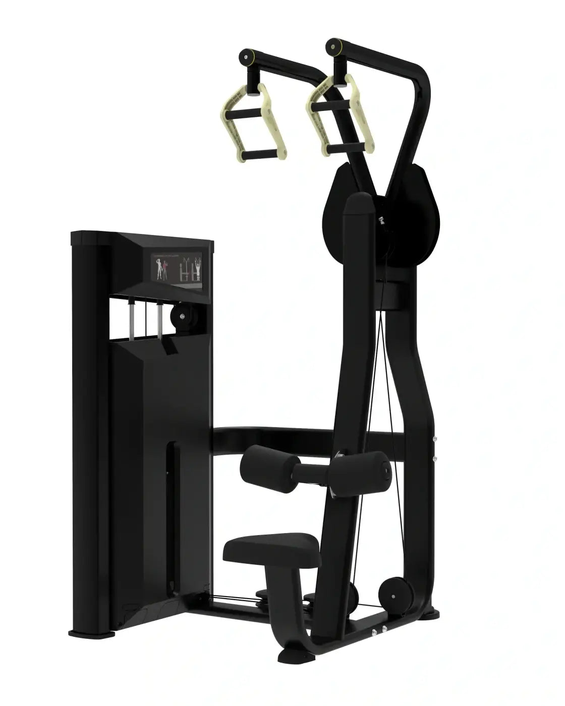 Black metal Platinum Series lat pulldown machine with padded seat, handles, and digital display panel for UK delivery