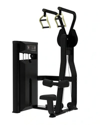 Black metal Platinum Series lat pulldown machine with padded seat, handles, and digital display panel for UK delivery