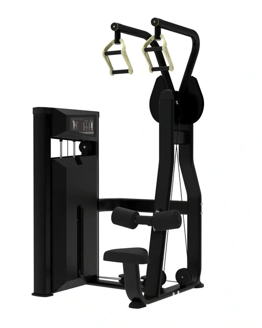 Black metal Platinum Series lat pulldown machine with padded seat, handles, and digital display panel for UK delivery