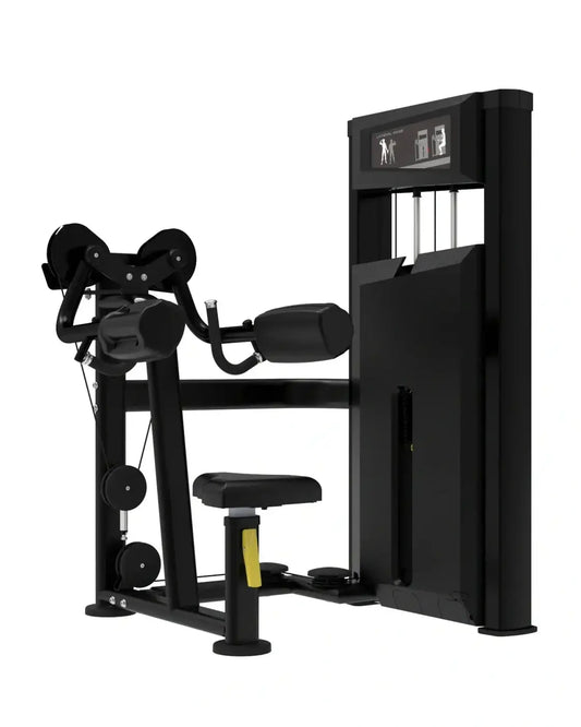 Black metal Platinum Series lateral raise cable machine with digital display and adjustable weight stacks for home gyms