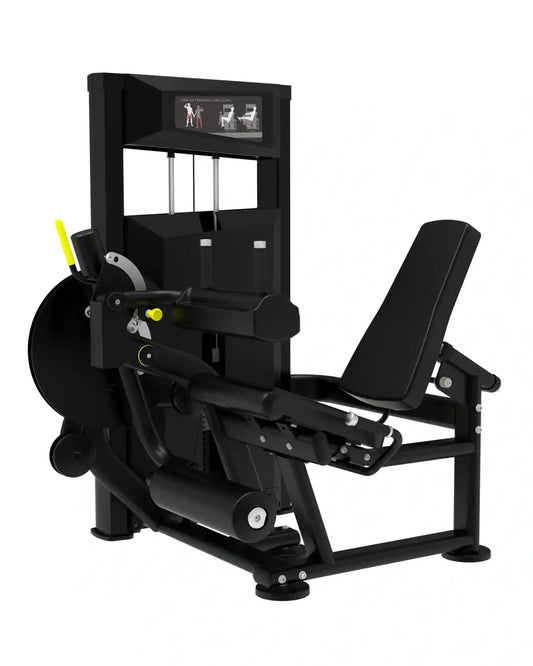 Black leg press machine from platinum series with yellow accent handles and digital display screen for leg extension and curl