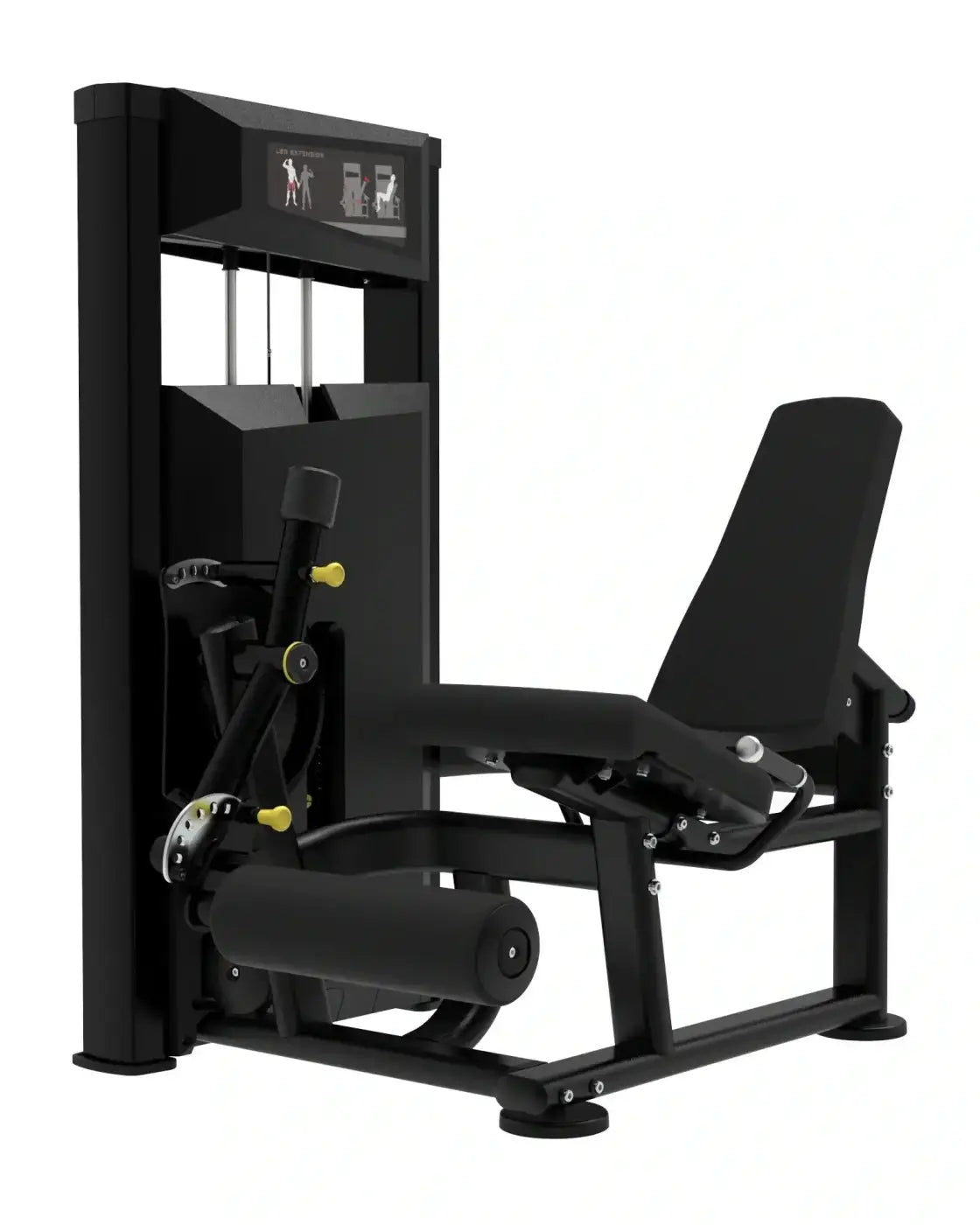Platinum Series black leg press machine with yellow accent knobs and digital display panel for home use leg extension