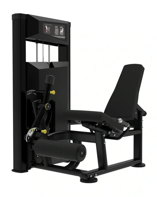 Platinum Series black leg press machine with yellow accent knobs and digital display panel for home use leg extension