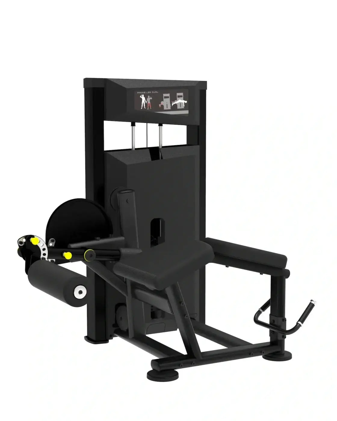 Black platinum series lying leg curl machine with yellow accents and digital display panel for home use