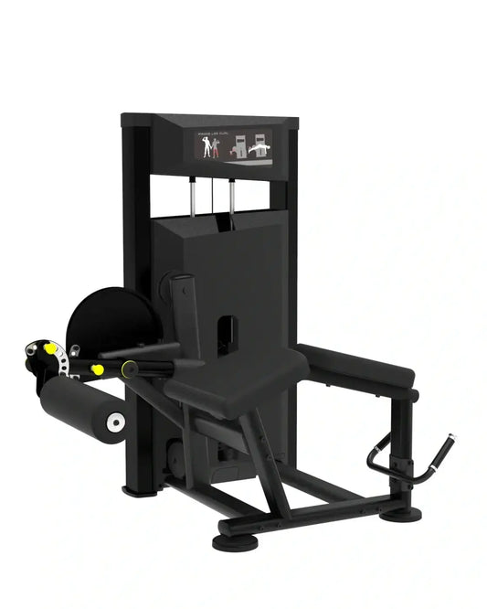 Black platinum series lying leg curl machine with yellow accents and digital display panel for home use
