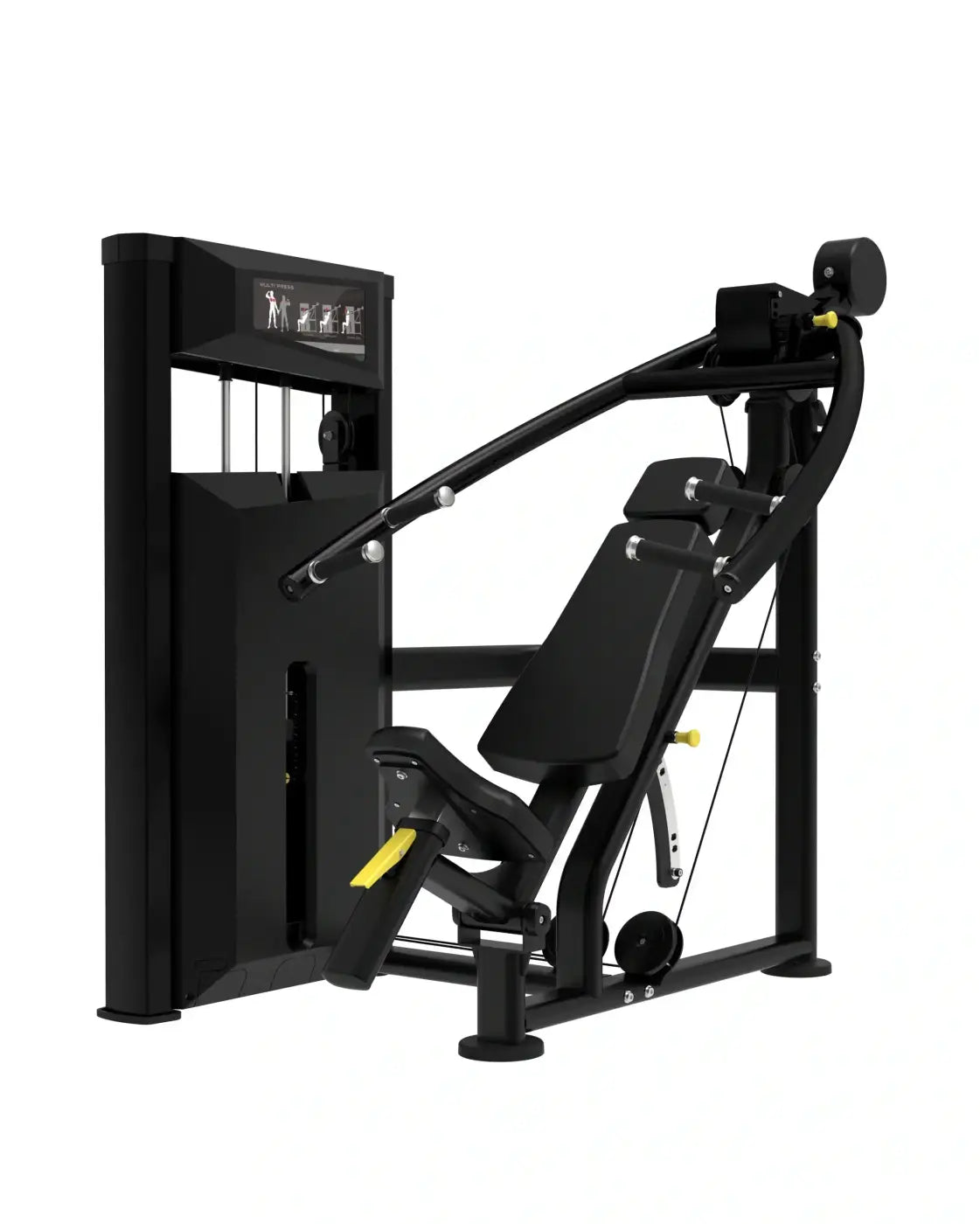 Black commercial-grade cable crossover machine with yellow accents and digital display panel for home gyms