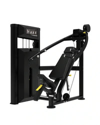 Black commercial-grade cable crossover machine with yellow accents and digital display panel for home gyms
