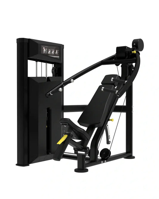 Black commercial-grade cable crossover machine with yellow accents and digital display panel for home gyms