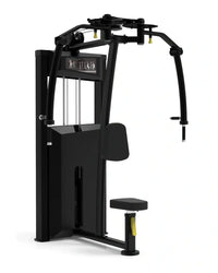 Black metal cable machine platinum series pec fly rear delt with yellow accent footrest for home use
