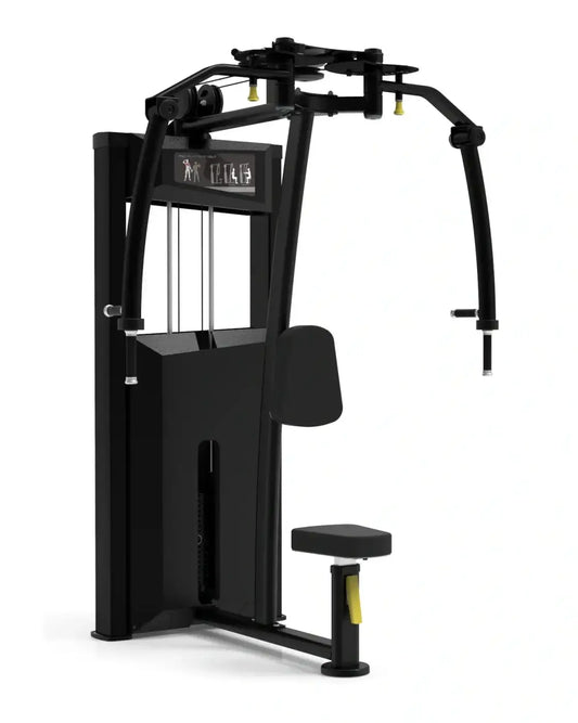 Black metal cable machine platinum series pec fly rear delt with yellow accent footrest for home use