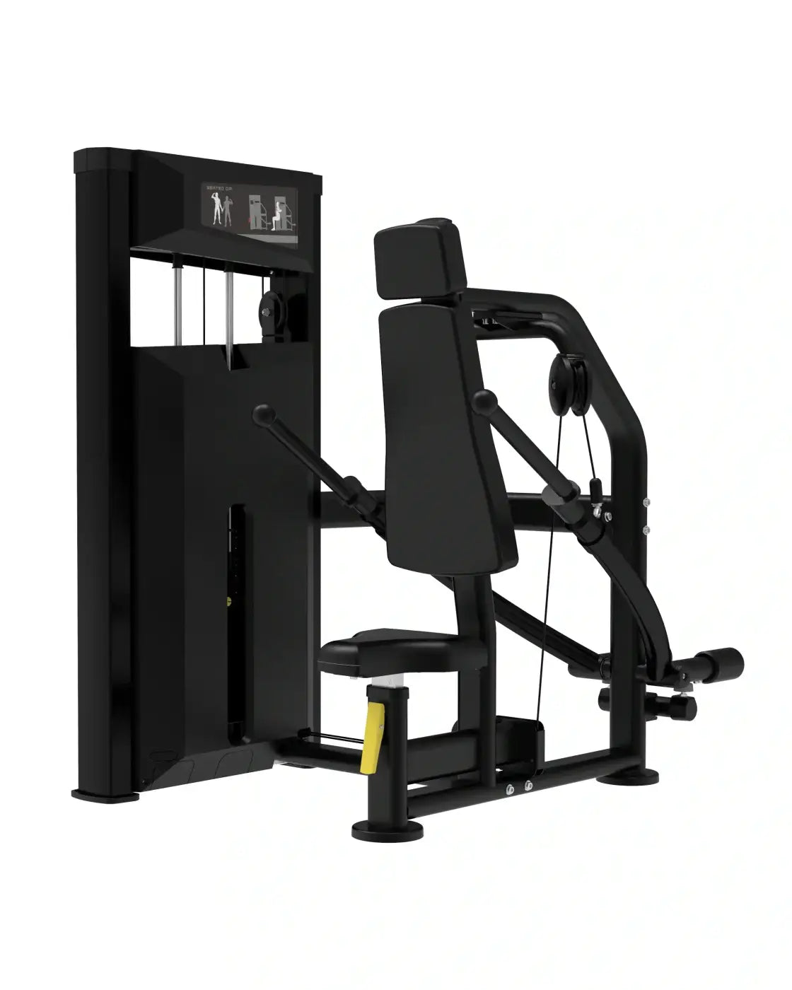 Black commercial-grade chest press machine with digital display and padded seat for home workout Platinum Series seated dip