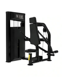 Black commercial-grade chest press machine with digital display and padded seat for home workout Platinum Series seated dip