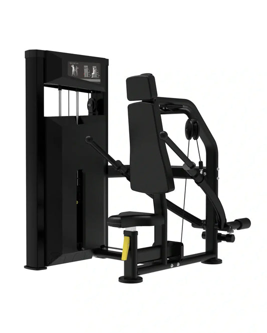 Black commercial-grade chest press machine with digital display and padded seat for home workout Platinum Series seated dip