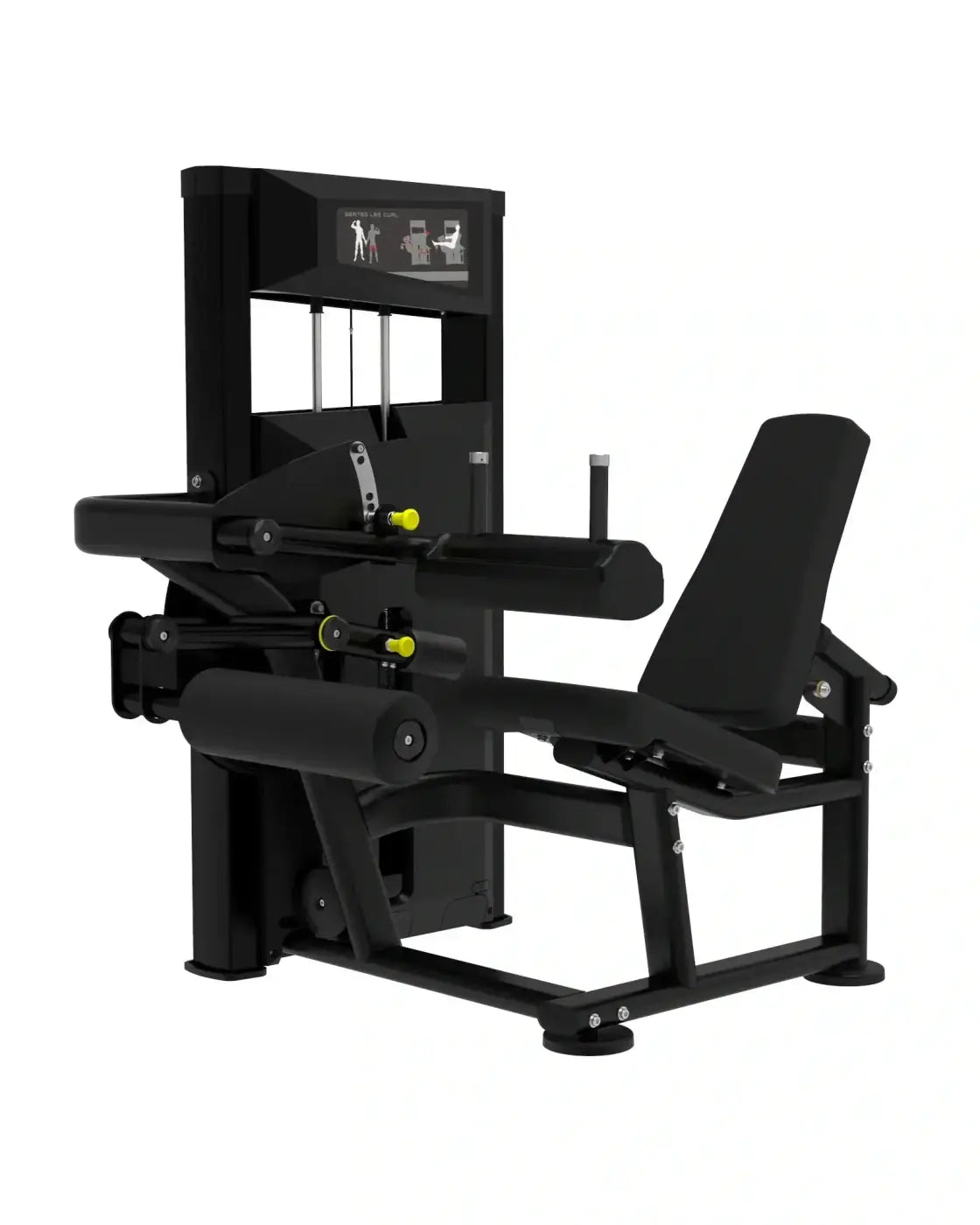 Black seated leg curl machine with yellow adjustment knobs and digital display panel from platinum series for home gyms