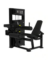 Black seated leg curl machine with yellow adjustment knobs and digital display panel from platinum series for home gyms