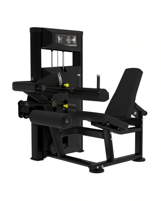 Black seated leg curl machine with yellow adjustment knobs and digital display panel from platinum series for home gyms