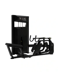 Black metal seated low row gym machine with padded seat and handlebars from platinum series for home use