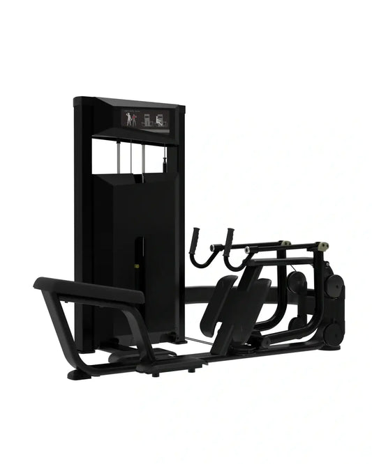 Black metal seated low row gym machine with padded seat and handlebars from platinum series for home use