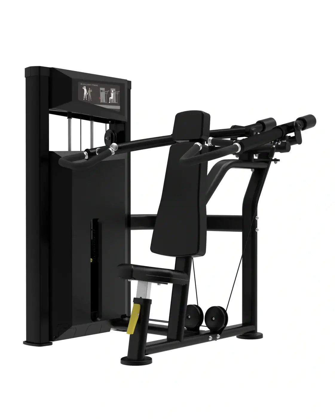 Black platinum series shoulder press machine with adjustable weight stack and padded seat for upper body workout