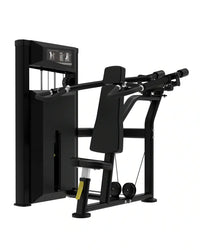 Black platinum series shoulder press machine with adjustable weight stack and padded seat for upper body workout